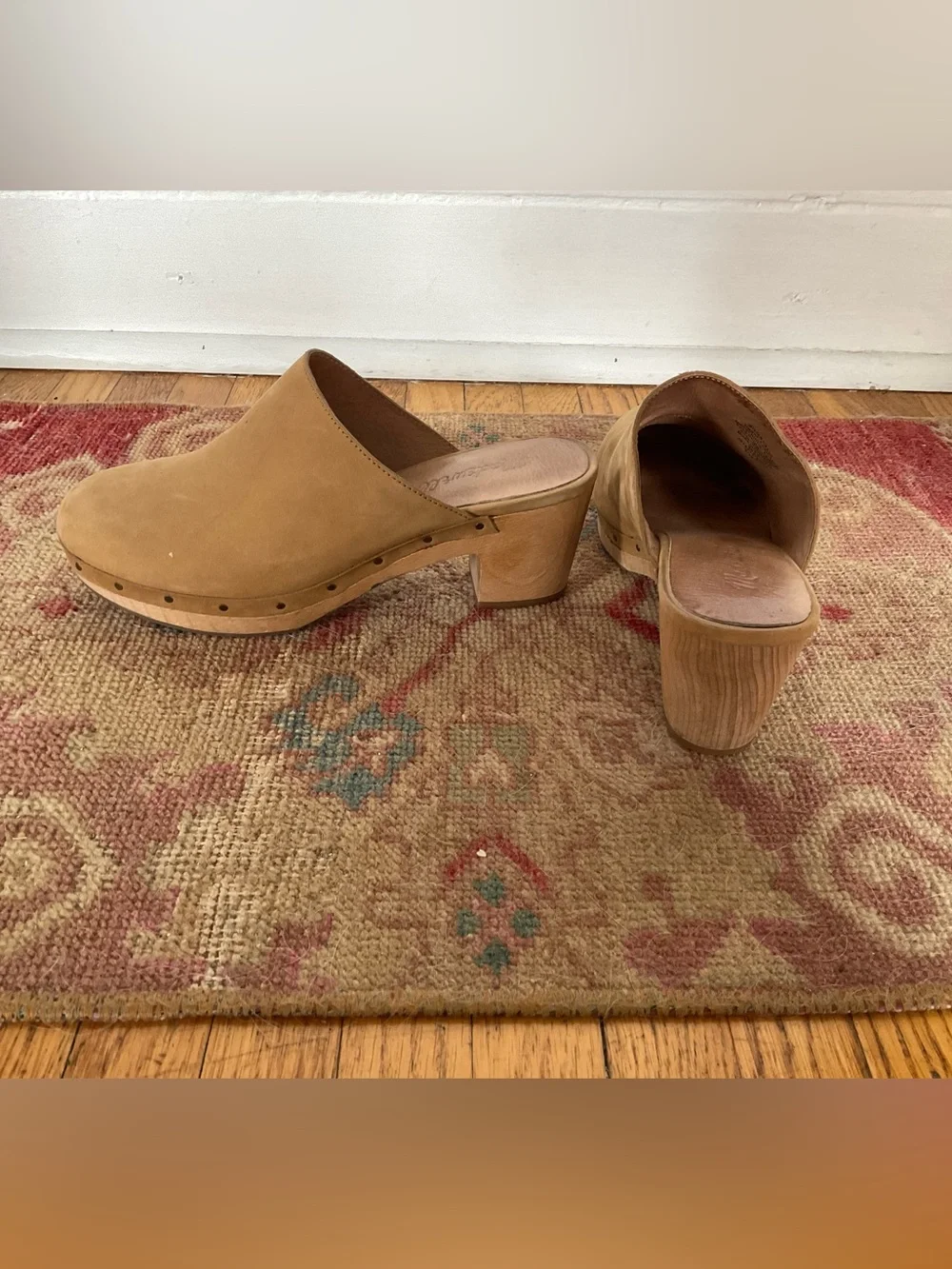 Madewell Tan Suede Clog Mules with Wood Block Heel - Picture 2 of 3